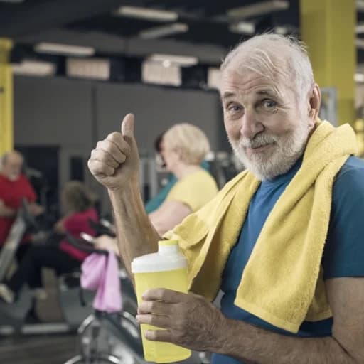 Oudere man met een eiwitdrank na de training steekt zijn duim op